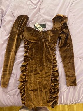 Privy Brown Velvet Long Sleeve Mini Dress